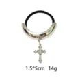 Metallic hair tie with rhinestone cross pendant, stylish black elastic rubber band accessory. - Cross Style (1116-39)