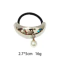 Shiny alloy hair tie with metallic curve and pearl pendant, elegant minimalist hair accessory - Pearl Arc Style (1116-49)