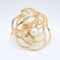 Gold metal hair claw clip with camellia flower design and pearl center for women. - Large Rose