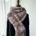 Women autumn winter purple plaid imitation cashmere scarf stylish fringed warm shawl daily wear - Purple