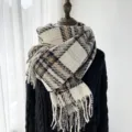 Femme Carreaux Imitation Cachemire Écharpe Noir Beige Frange Hiver Chaud Tour de Cou - Beige