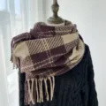 Femme Hiver Carreaux Glands Écharpe Épaissie Chaud Châle Confortable Mode Froid Tour De Cou - G-HY14 marron