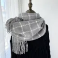 Écharpe à Carreaux Gris en Imitation Cachemire, Écharpe Hiver Chaude à Franges Femme - G-HY159 gris
