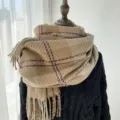 Écharpe d'hiver pour femme à carreaux et franges, chaude et douce, beige kaki - G-HY14 kaki