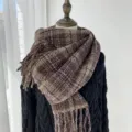 Écharpe à carreaux marron pour femme, écharpe d'hiver chaude à franges effet cachemire. - G-HY117 Café