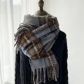 Women autumn winter imitation cashmere plaid scarf blue brown fringe warm neck wrap - Blue