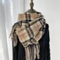 Thickened plaid scarf for women, classic Maillard brown winter warm tassel cashmere-feel wrap. - G-HY117 Khaki