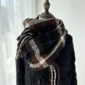 Women winter thick warm plaid scarf, cozy knit tassel shawl, elegant Korean fashion accessory. - Black