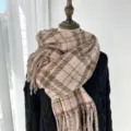 Pink brown plaid winter scarf, soft cashmere-feel tassel shawl for women and girls warm neckerchief. - G-HY117 Pink
