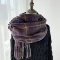 Femme automne hiver retro violet carreaux echarpe chaud epais frange mode elegante chic - Violet