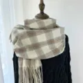 Classic plaid winter warm cashmere feel fringe scarf for men and women couple daily wear. - Beige