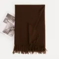 Solid color cashmere-feel women winter warm scarf with stylish fringe, long cozy shawl wrap. - Brown