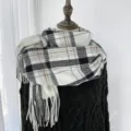 Cozy thick plaid winter scarf for women, classic check pattern soft cashmere-feel wrap. - G-HY35 White