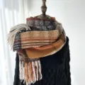 Femme automne hiver écharpe à carreaux franges toucher cachemire chaud vintage châle - Chameau