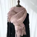 Femme hiver rose carreaux echarpe douillet pompon frange imitation cachemire chale - G-HY97 Rose