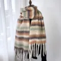 Femme hiver chaud mohair écharpe doux cachemire sensation rayé frange châle foulard - G-HY169 kaki