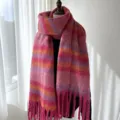 Écharpe d'hiver en mohair doux avec franges, châle à carreaux chaud pour femmes, tour de cou douillet. - G-HY169 rose rouge