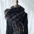 Women's winter plaid scarf cozy soft cashmere feel tassel fringe neck warmer black accessory - G-HY97 Black