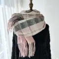Women fashion pink plaid fringe scarf autumn winter warm imitation cashmere shawl. - Pink