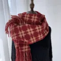Red plaid winter scarf for women, vintage grid pattern tassel warm cashmere-feel wrap. - Red