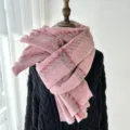 Pink plaid cashmere-feel fringed scarf for women, warm winter thick tassel shawl neck wrap. - Qing 61 Pink