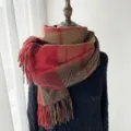 Thickened red brown plaid cashmere feel scarf with fringe, autumn winter warm cozy fashion accessory - G-HY48 Red
