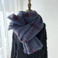 Cozy blue plaid cashmere-feel winter scarf with fringe, warm thickened couple shawl. - Qing 61 Navy Blue