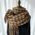 Écharpe tricotée épaisse imitation cachemire femme automne hiver châle long à franges carreaux - G-HY39 Camel