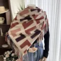 Femme hiver chaud imitation cachemire écharpe à franges imprimé géométrique mode - 22-YHP kaki