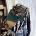 Women imitation cashmere scarf zebra print color block fringe shawl winter warm wrap - 17-YHP Green