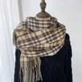 Thickened imitation cashmere plaid scarf for women, cozy warm winter fringe shawl and neckerchief. - Khaki