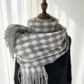 Autumn winter women scarf imitation cashmere grey white dot plaid long tassel warm winter cozy - G-HY39 Gray