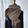 Autumn winter warm plaid scarf for women, soft imitation cashmere tassel neck wrap. - Coffee
