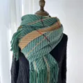 Women winter green plaid scarf warm cashmere feel thick shawl tassel fringe stylish cold weather - Green