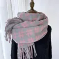 Écharpe d'hiver rétro pour femmes à carreaux glands douce chaude imitation cachemire mode - Gris