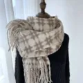 Beige brown grid pattern fringe winter scarf, soft imitation cashmere warm neck wrap. - Beige