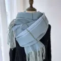 Winter warm plaid cashmere-feel scarf for women, thick tassel fringe fashion neck wrap. - Light Blue