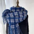 Blue grey plaid winter scarf for women, cozy warm imitation cashmere tassel shawl and neck wrap. - Blue
