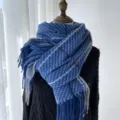 Blue plaid winter scarf, soft cashmere-feel shawl with elegant tassels for women. SKU 01 - Dark Blue