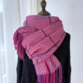 Pink plaid cashmere-feel winter scarf for women, cozy fringed shawl and warm couple neck wrap. - Rose Red