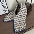 Vintage horse print cotton linen small square scarf, multi-use twilly neckerchief for bags. - Navy Blue
