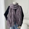 Detailed view of the women's lightweight purple distressed fringe scarf shawl for summer style. - RM002 Purple