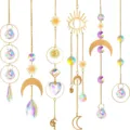 Set acchiappasole di cristallo con catene di metallo dorato e pendenti prisma sole luna - Set