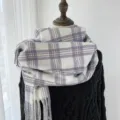 Korean style plaid winter scarf women warm cashmere feel tassel shawl long unisex neck warmer - White
