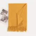 Solid yellow cashmere-feel winter scarf with delicate fringes, versatile women's cozy shawl. - Yellow