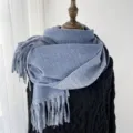 Winter blue solid color cashmere-feel fringed scarf warm cozy elegant women wrap - Smoky Blue