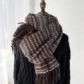 Femme automne hiver epais chaud echarpe a franges marron raye imitation cachemire doux - Bleu et Café