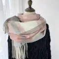 Pink plaid winter scarf with tassels, soft imitation cashmere variant for warm daily wear. - G-HY56 Pink