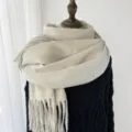 Classic solid color beige fringe scarf for women, warm winter cashmere-feel long shawl wrap. - Off White