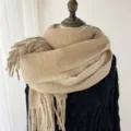 Beige cashmere feel winter scarf for women, warm knit fringe design, elegant casual accessory. - Khaki